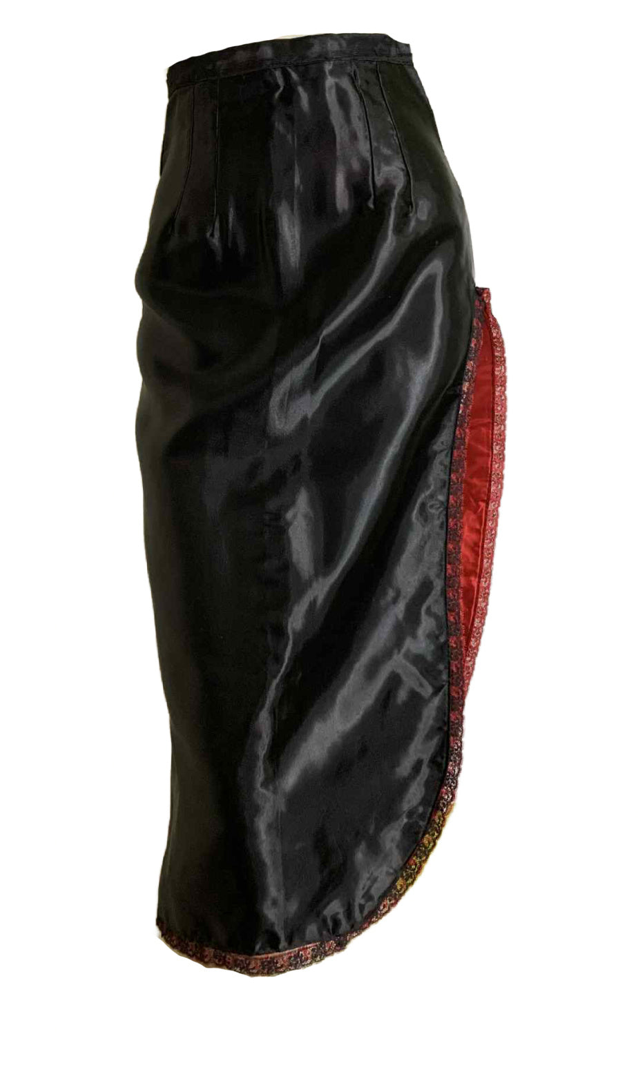 Irma La Douce Inspired Black & Red Satin Skirt with HIGH Side Slit Stage Wear circa 1950s