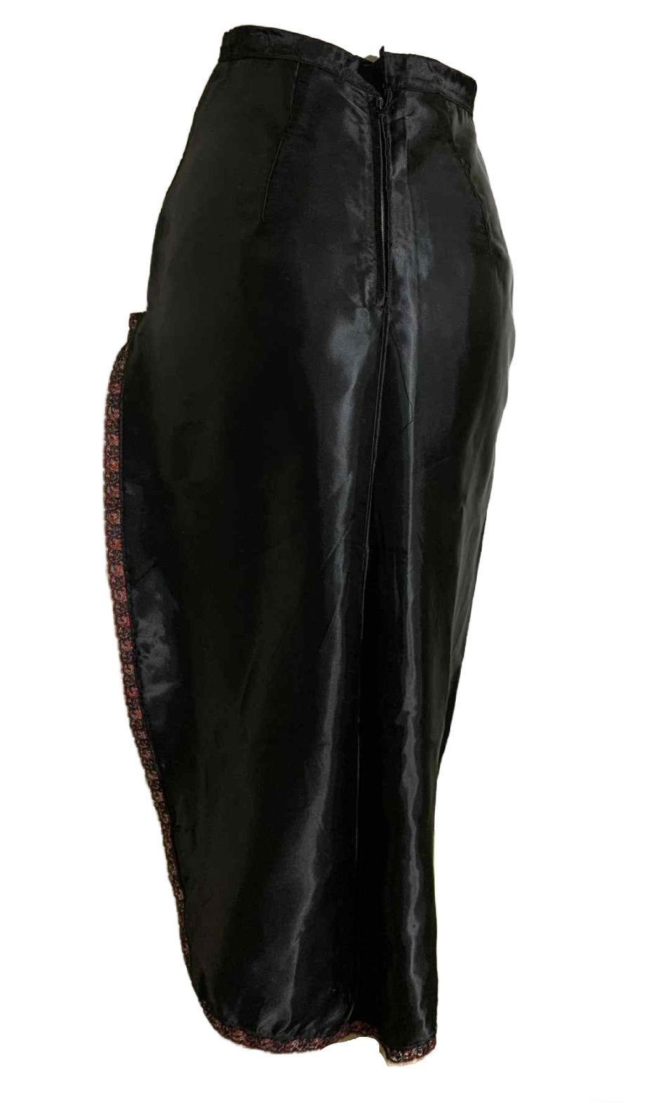 Irma La Douce Inspired Black & Red Satin Skirt with HIGH Side Slit Stage Wear circa 1950s