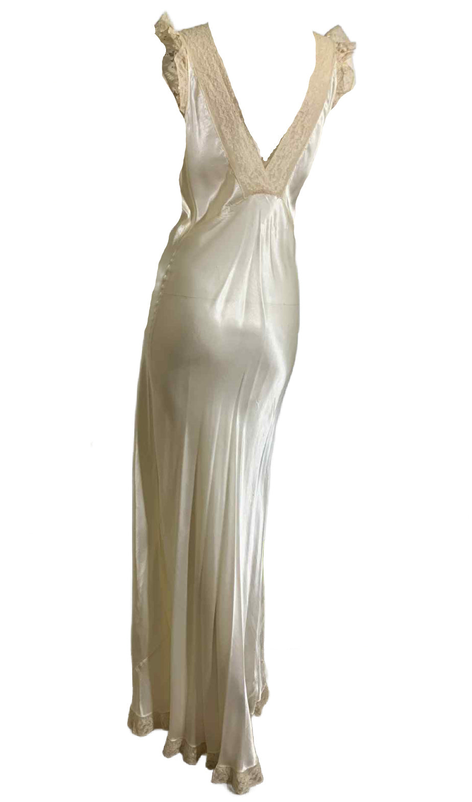 Luscious Ivory Bias Cut Satin Nightgown with Lace Ruffles circa 1940s S/M