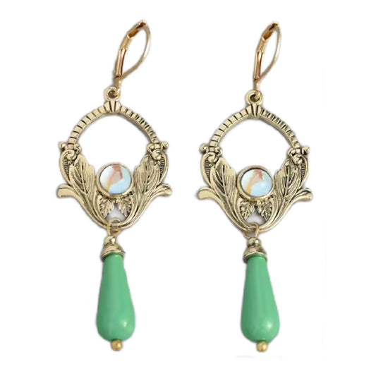 Leila- the Green Bead Art Nouveau Dangle Earrings