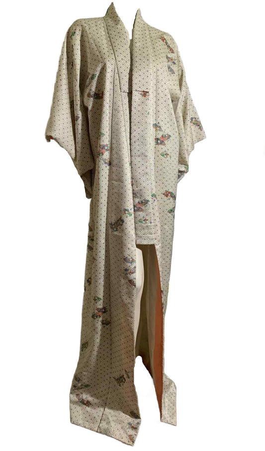 Parasol Print Pastel Super Long Kimono Pink Dyed Lining Edges circa 1970s