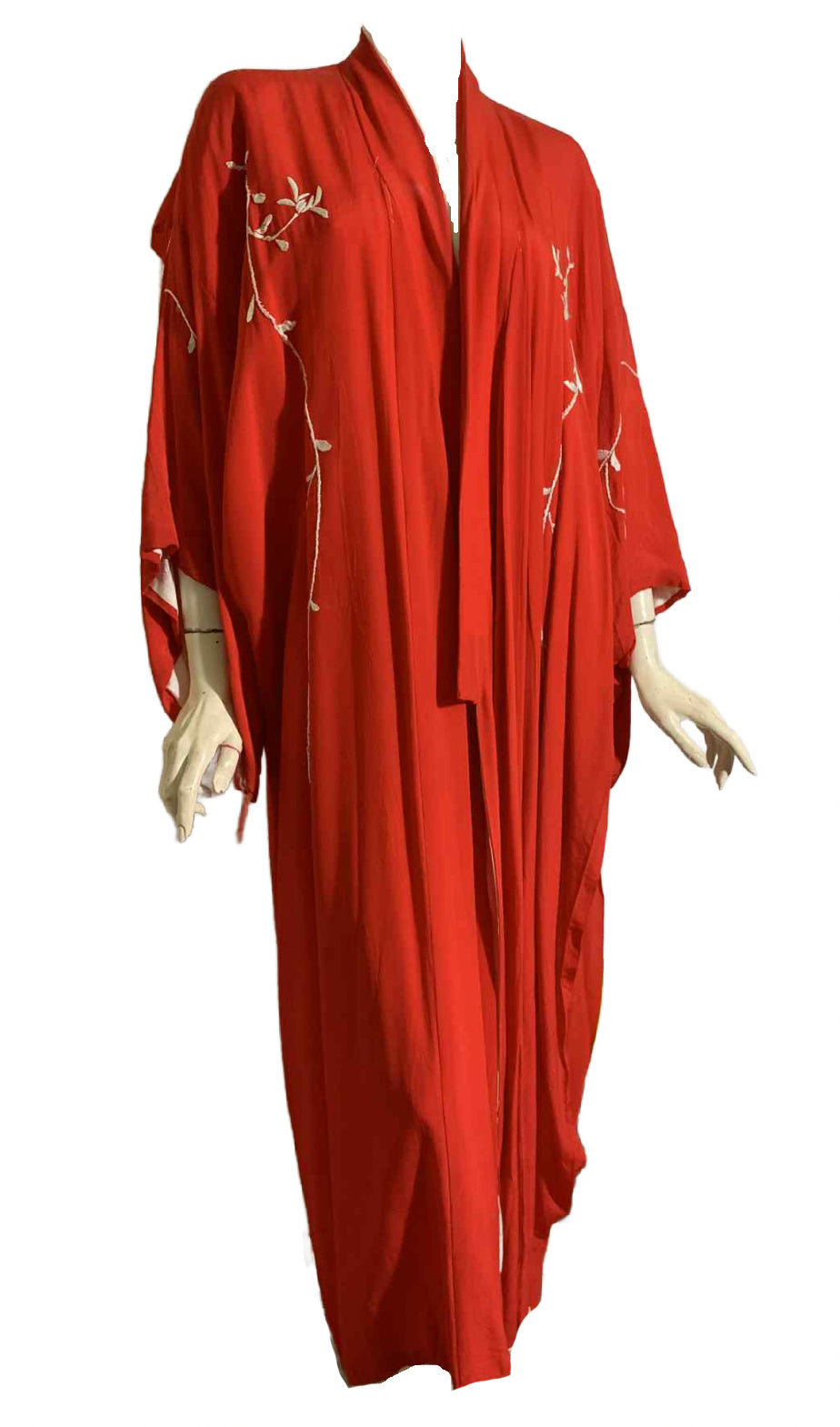 Red Rayon Kimono with White Flowers and Birds Embroidery circa 1970s