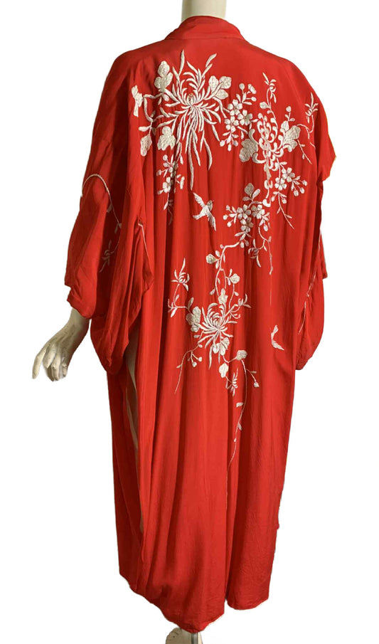 Red Rayon Kimono with White Flowers and Birds Embroidery circa 1970s