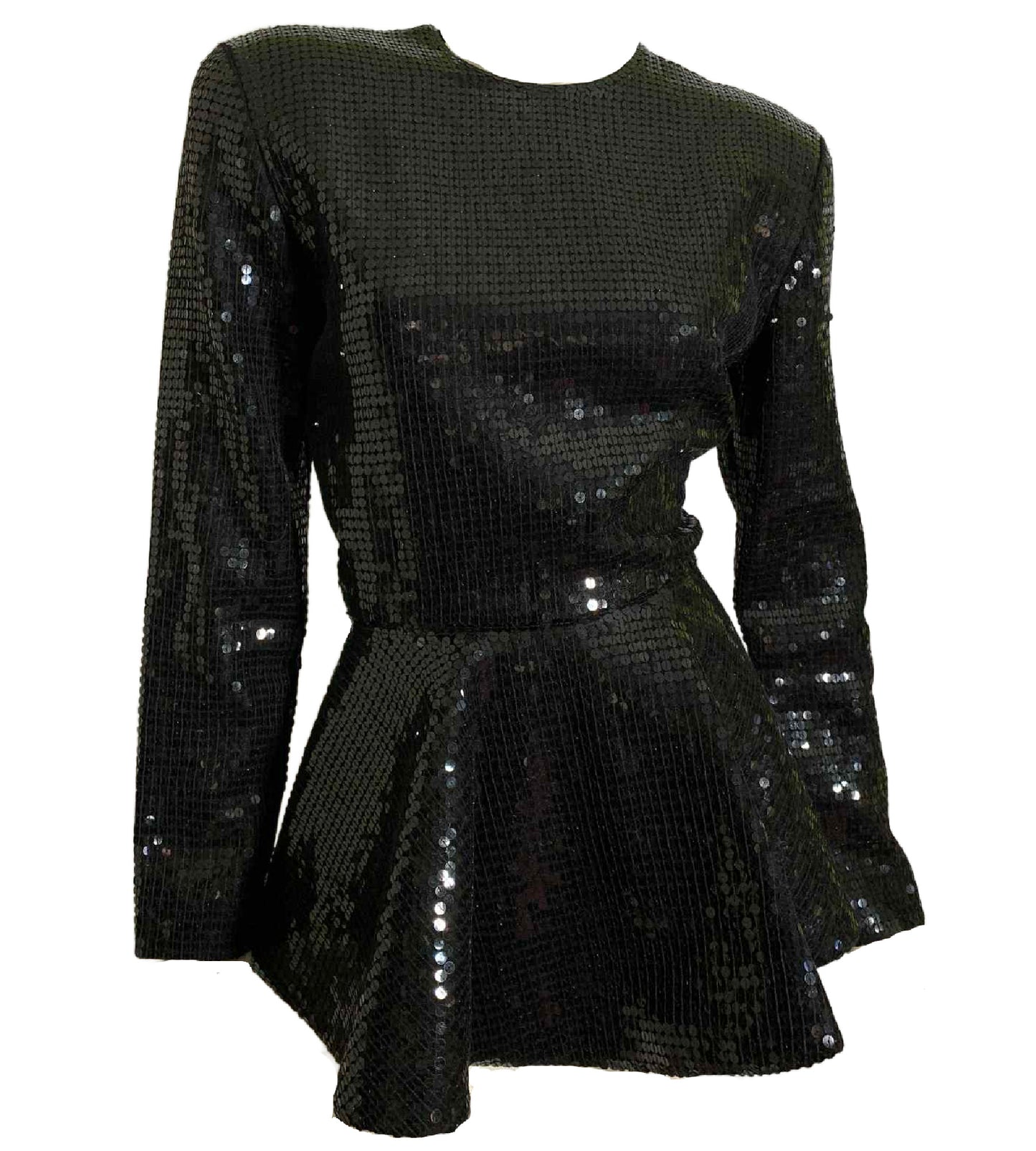 40s Inspired Black Sequined Peplum Blouse with Shoulder Pads circa 1980s