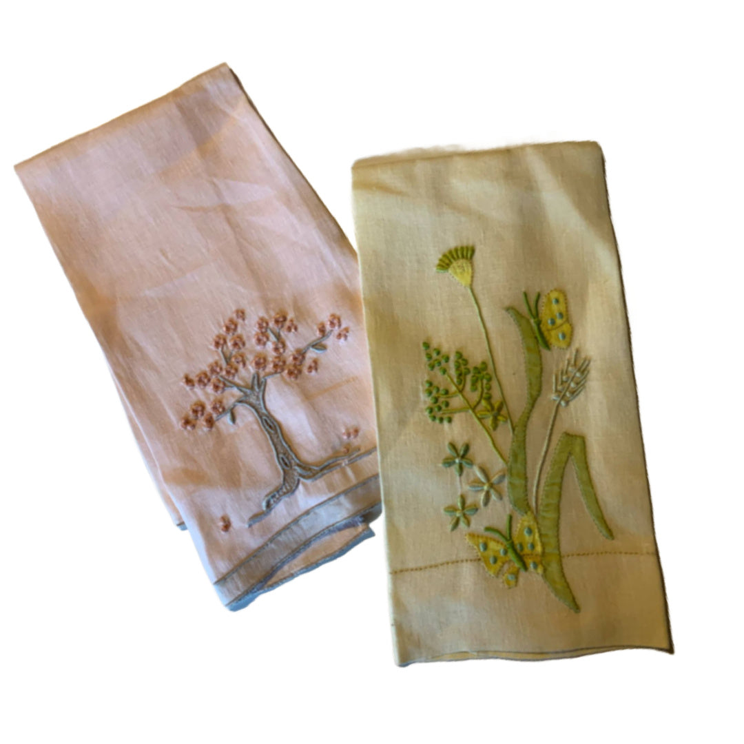 French Knot Flower and Tree Designed Handkerchiefs Lot 2 circa 1940s