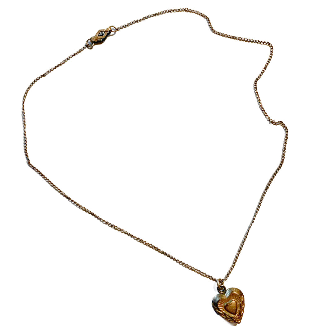 Diminutive Etched Heart Locket on Fine Golden Chain Necklace circa 1950s