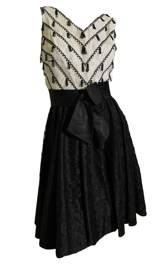 Sassy Little Black and White Mini Cocktail Dress with Loop Tassels on Lace Bodice circa 1960s