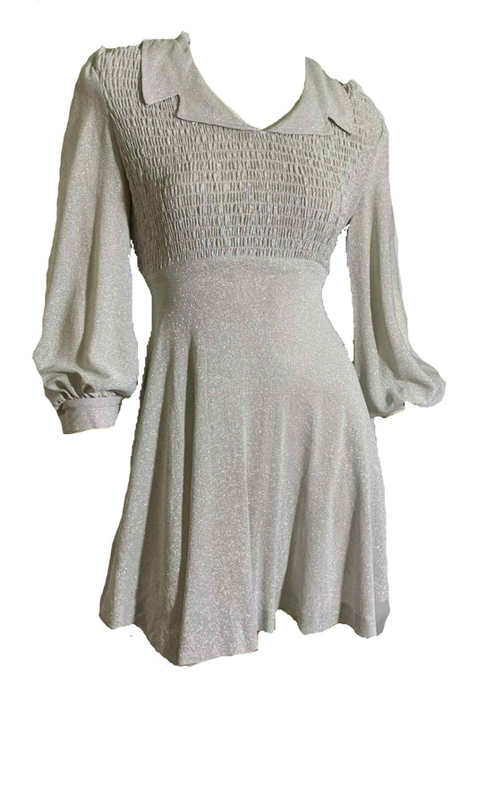 Silver Lurex Smocked Bodice Baby Doll Mini Dress circa 1970s