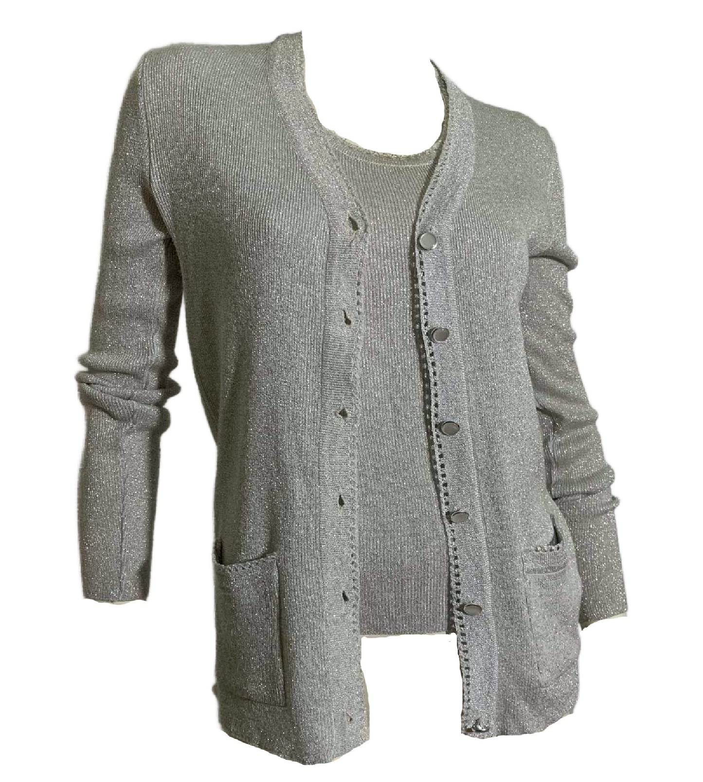 Metallic Silver Knit Cardigan and Sleeveless Shell Twinset circa 1970s