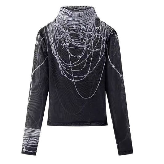 Della- the Chain Print Tromp L'oeil Chain Print Sheer Black Shirt