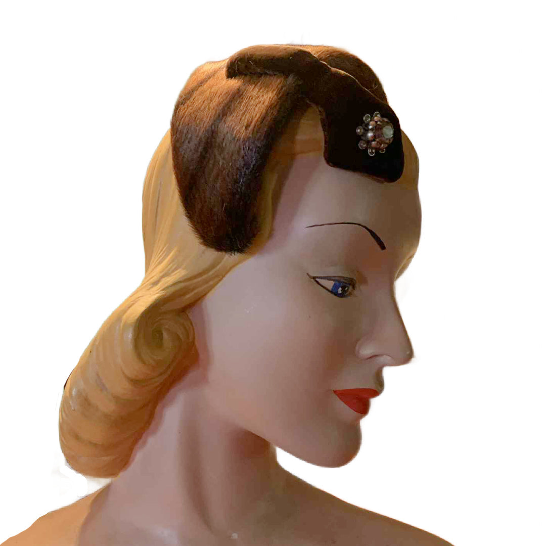 Glossy Fur Wired Cocktail Hat with Velvet and Rhinestones circa 1950s