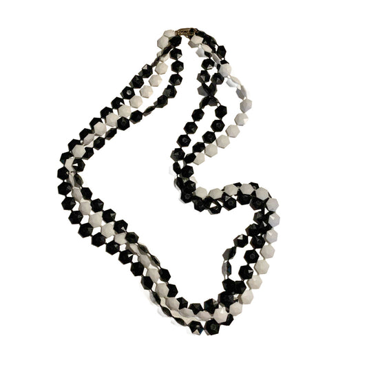 Multistrand Black and White Plastic Geometric Bead Necklace circa 1960s