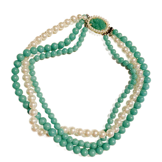 Bright Seafoam Green and Faux Pearl Triple Strand Necklace circa 1960s