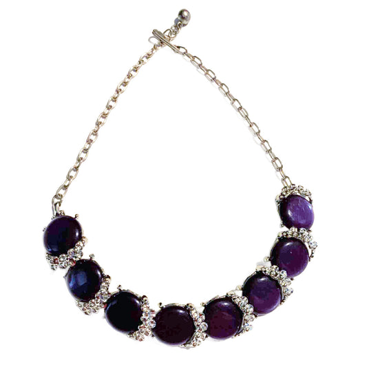 Purple Thermoset Plastic Disc Necklace with Rhinestones circa 1960s