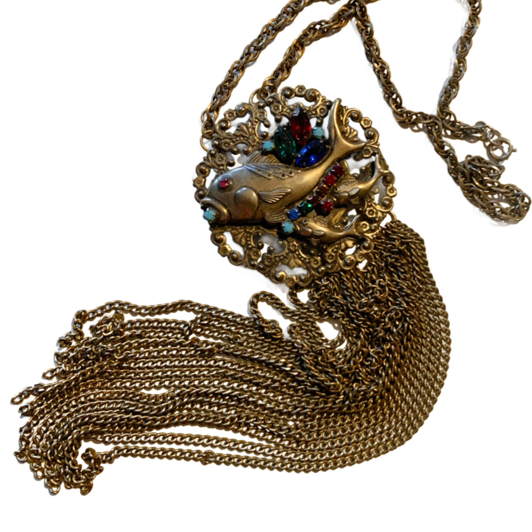 Three Fishes Medallion Pendant Necklace with LONG Fringe Colored Rhinestones circa 1970s