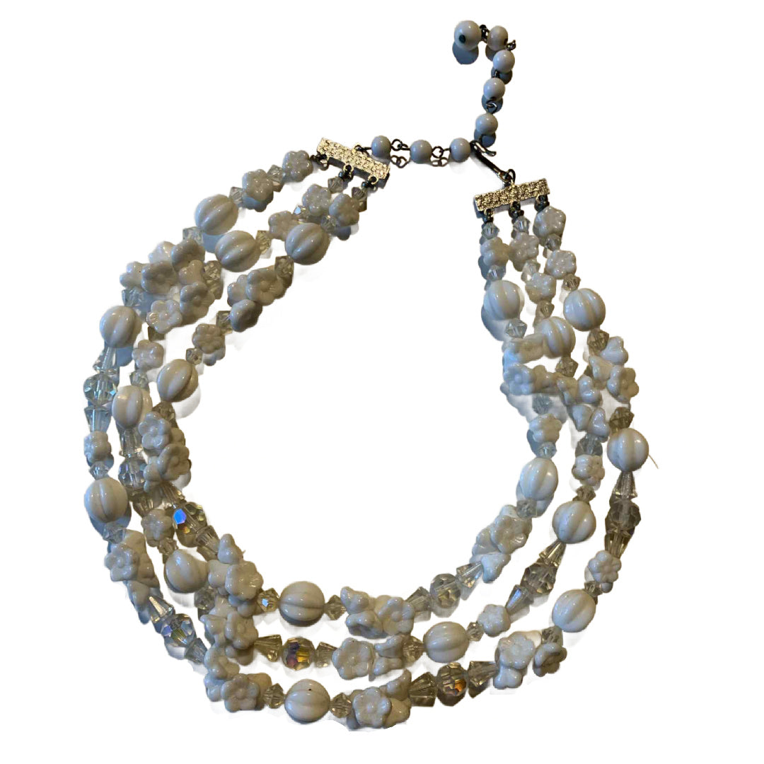 White Glass and Crystal Flower and Bead Triple Strand Necklace circa 1950s