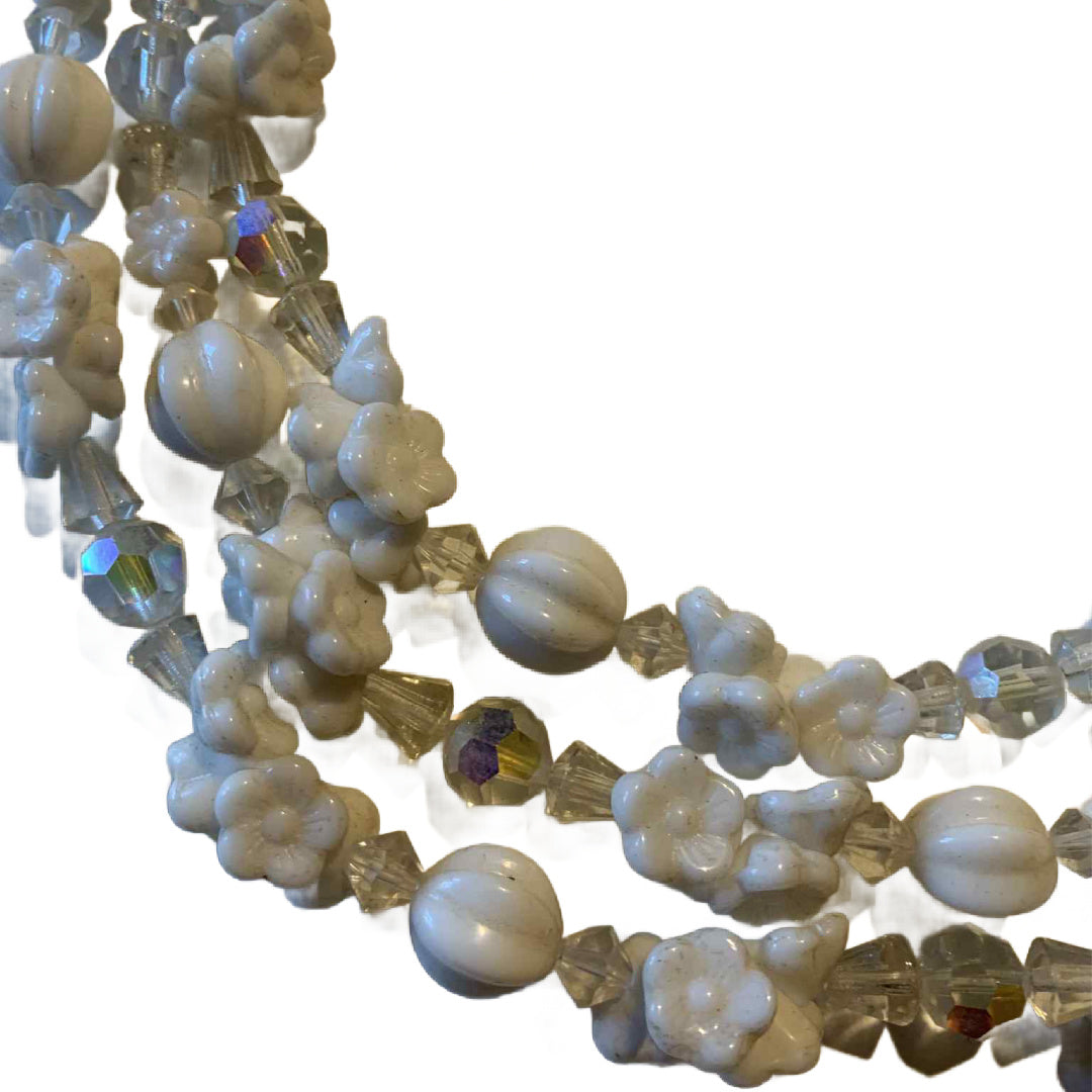 White Glass and Crystal Flower and Bead Triple Strand Necklace circa 1950s