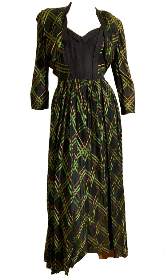 Green, Red and Black Plaid Taffeta Dress with Bolero Jacket circa 1940s
