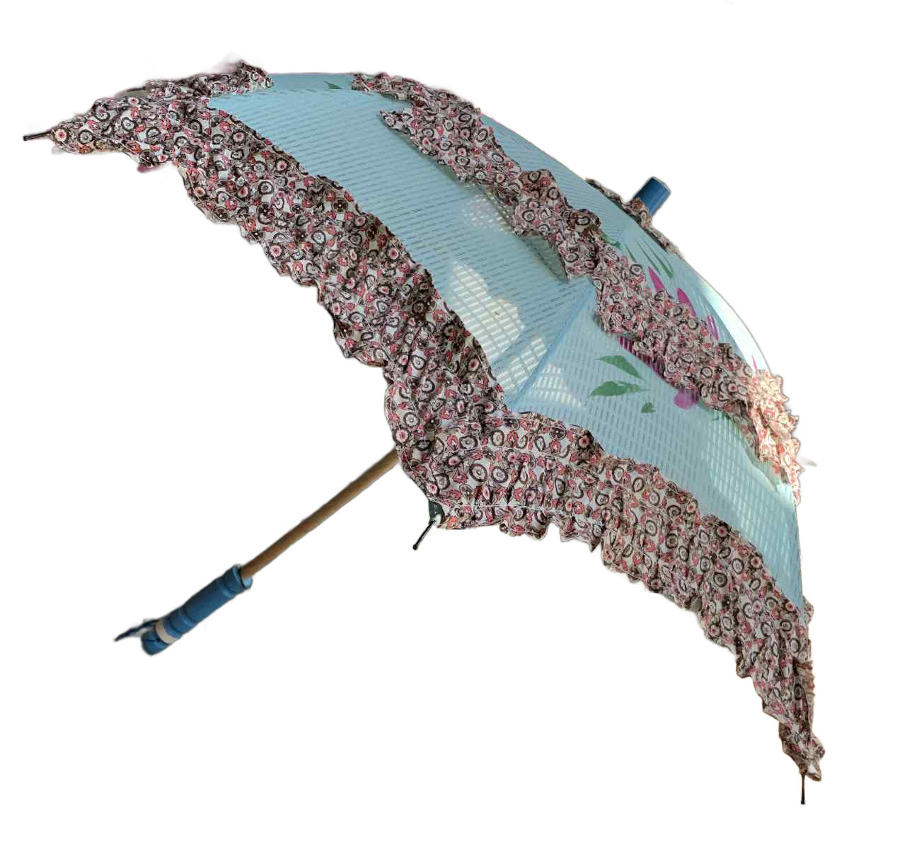Pastel Painted Baby Blue Mini Parasol with Floral Design and Ruffles circa 1950s