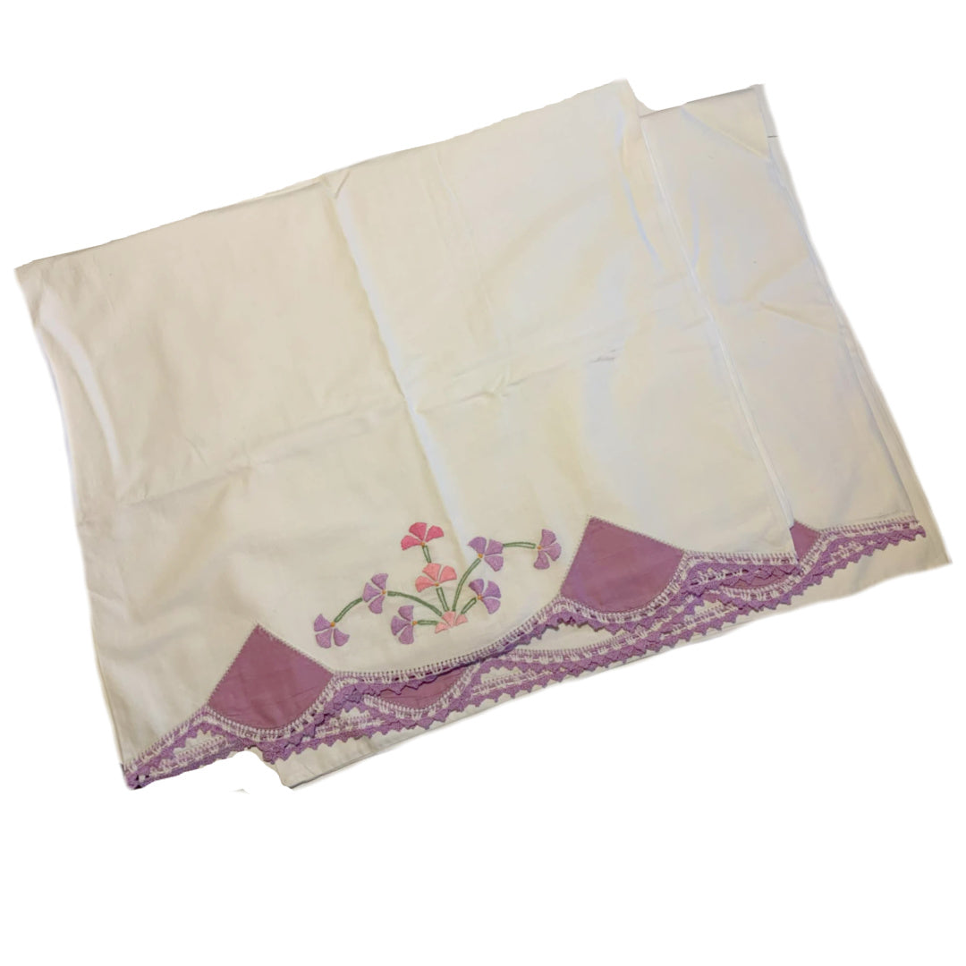 Set 2 White Cotton Pillowcases Lavender Embroidery circa 1940s