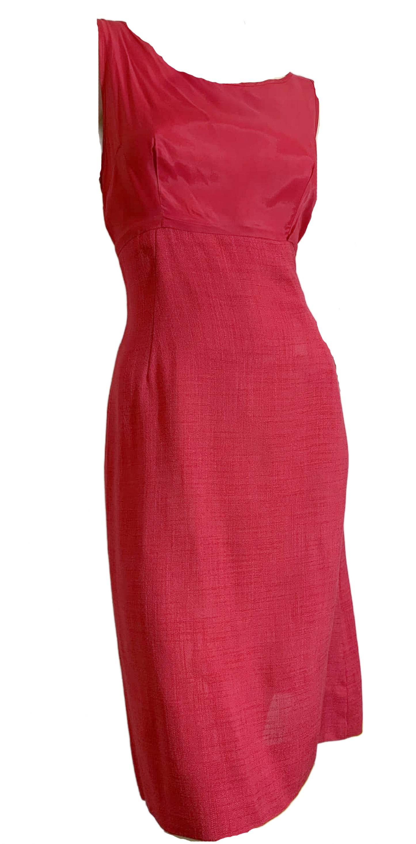 Peony Pink Linen Look 3 Pc Dress Set with Sweater circa 1960s