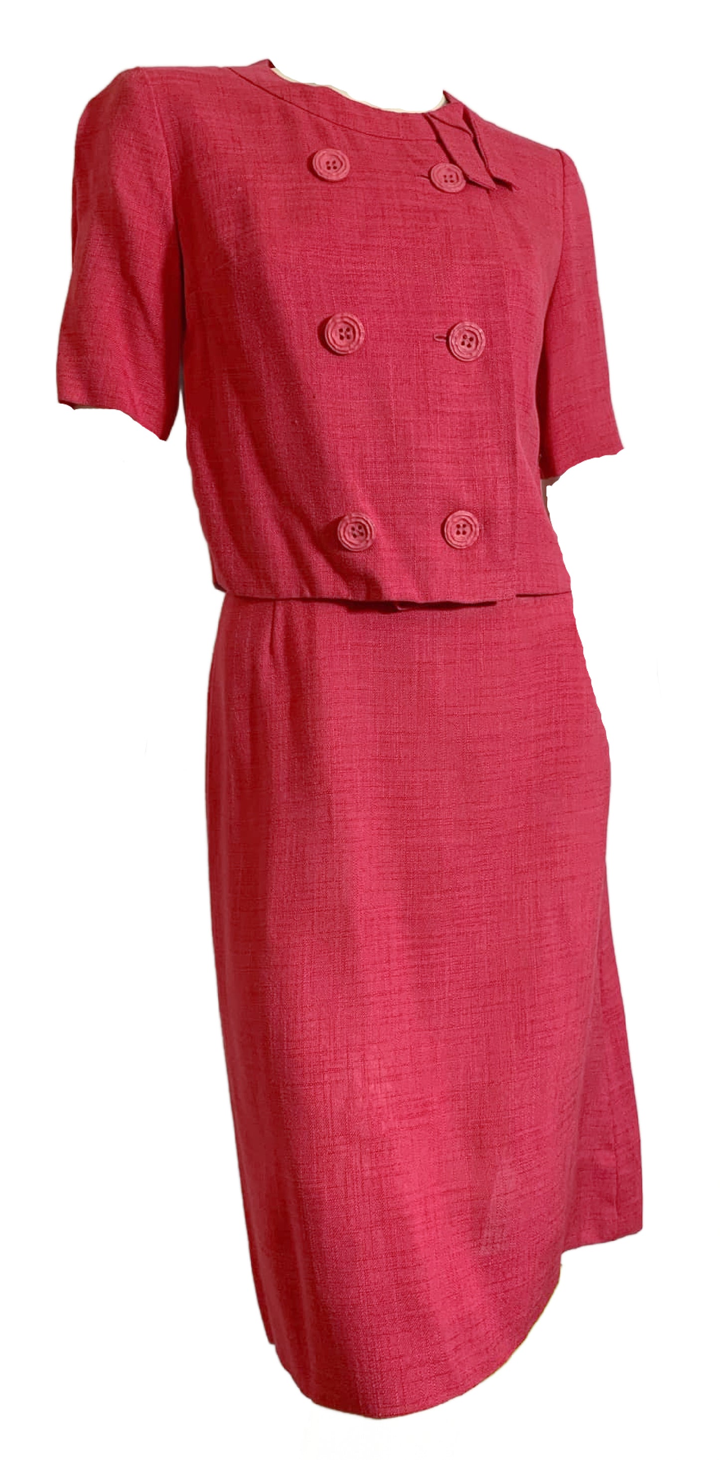 Peony Pink Linen Look 3 Pc Dress Set with Sweater circa 1960s