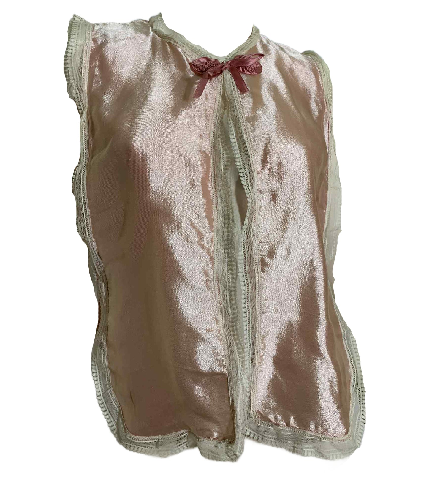 Sweet Pink Tie Front Lingerie Top with Lace and Rosette circa 1960s