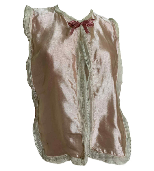 Sweet Pink Tie Front Lingerie Top with Lace and Rosette circa 1960s