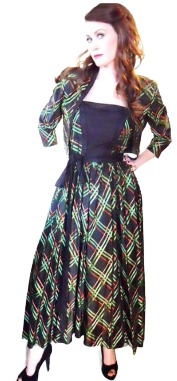 Black, Red and Green Shimmering Taffeta Dress with Bolero Jacket circa 1940s