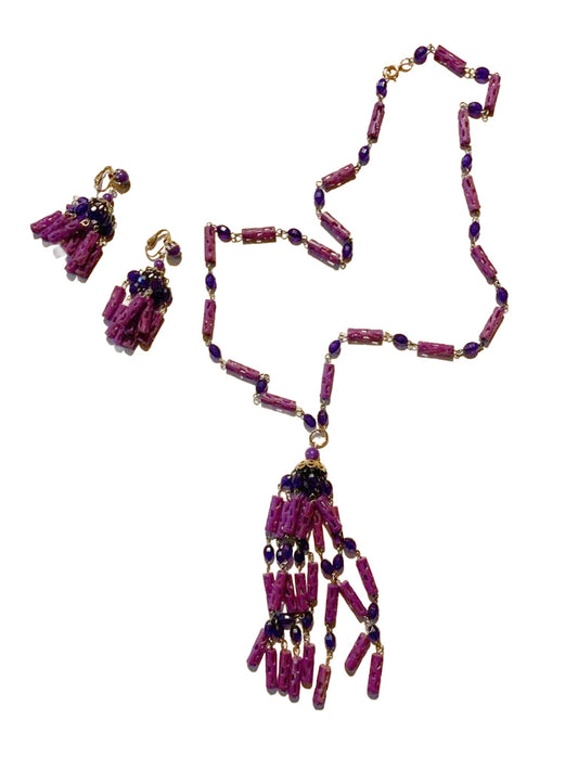 Pretty Shades of Purple Plastic Tassel Necklace and Clip Earrings Demi Set circa 1960s
