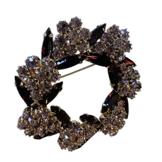 Deep Purple Navette and Pale Violet Rounds Rhinestone Wreath Brooch circa 1960s