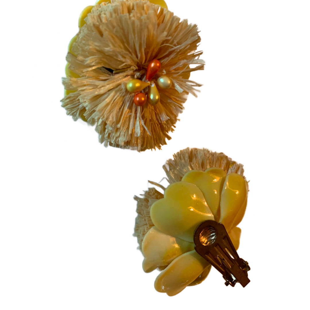 Yellow Celluloid and Natural Raffia Flower Earrings circa 1940s