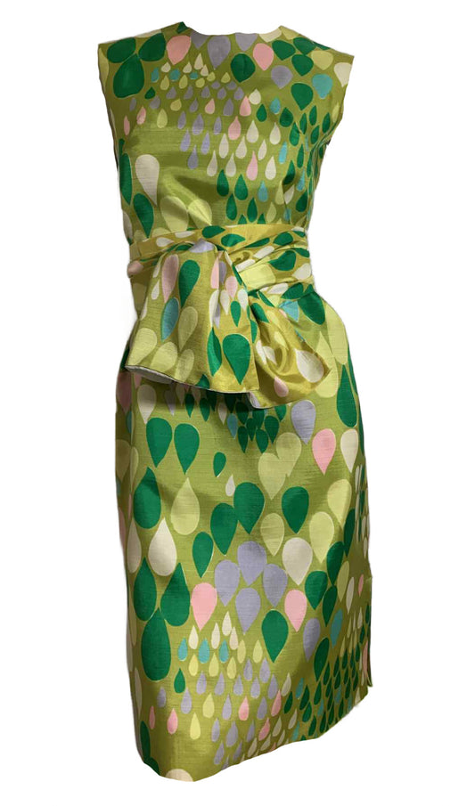 Pastel Raindrop Print Sheath Dress with Sash circa 1960s