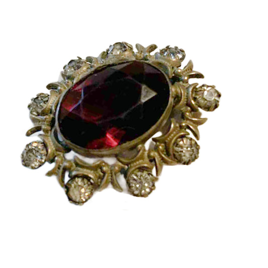 Deep Ruby Red Cut Glass and Rhinestone Oval Brooch circa 1910s