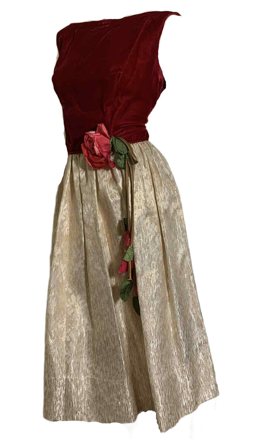 Red Velvet Bodice Dress with Metallic Gold Skirt Pink Rose Accent circa 1960s