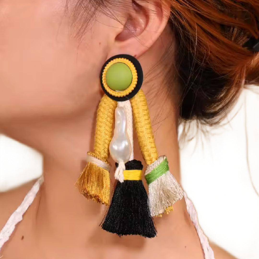 Joselyn- the Chartreuse and Gold Rope and Faux Pearl Statement Earrings