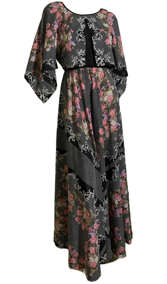 Black and Pink Rose Print Maxi Dress with Peaked Sleeves circa 1970s