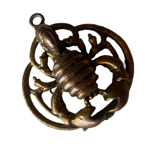 Bronze Colored Thick Metal Scorpion Scorpio Astrological Sign Pendant circa 1970s