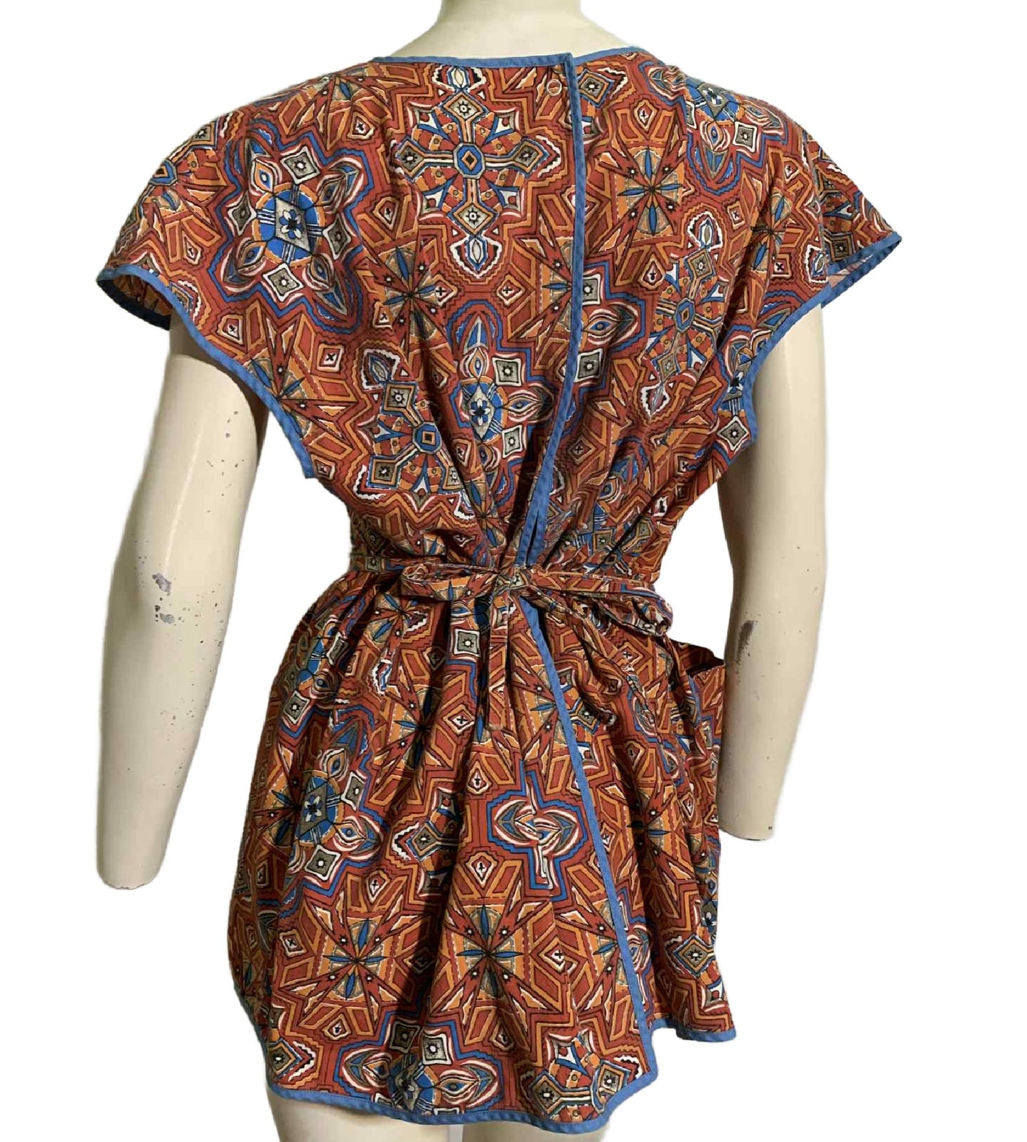 Autumnal Medallion Print Open Back Smock Waist Tie circa 1960s