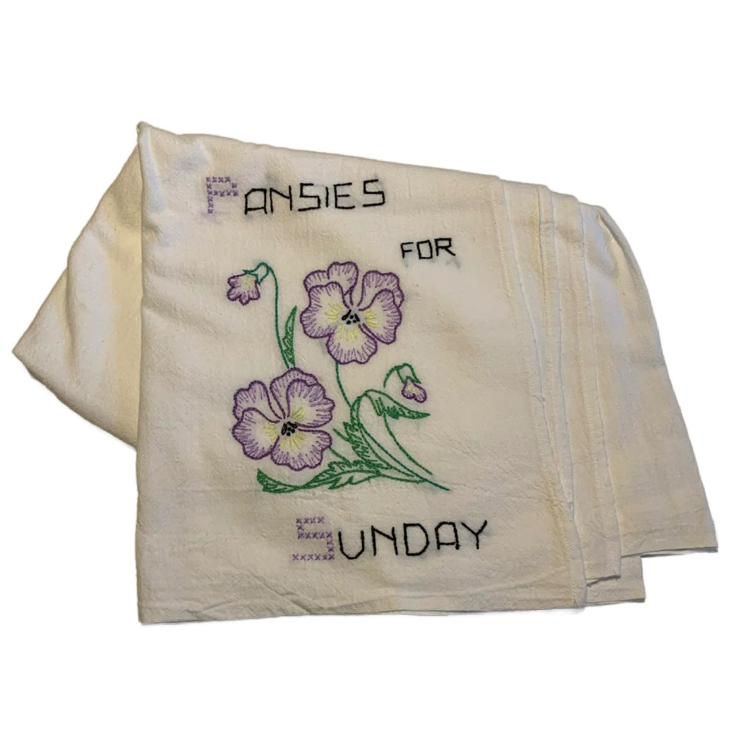 Pansies for Sunday Embroidered Cotton Towel circa 1940s