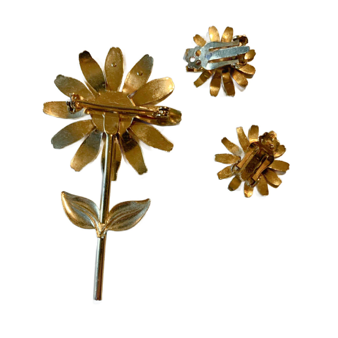 Yellow Enameled Gold Tone Sunflower Brooch & Earrings Set circa 1960s