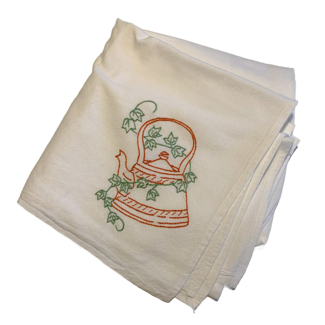 Red Tea Kettle with Ivy Embroidered Cotton Towel circa 1940s