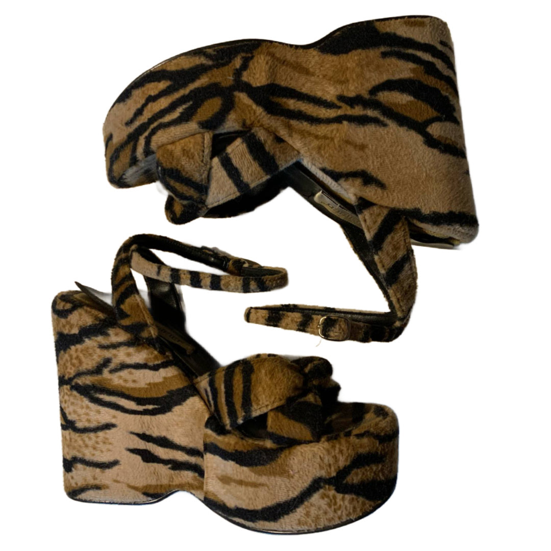5" Heel Rare Faux Fur Tiger Print Wedge Platform Ankle Strap Shoes circa 1990s
