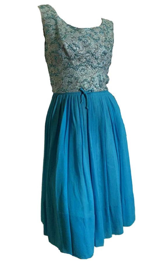 Girl Group Worthy Cyan Chiffon and Tinsel Lurex Cocktail Dress circa 1960s