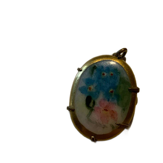Charming Hand Painted Porcelain and Gold Plated Flower Pendant circa 1890s