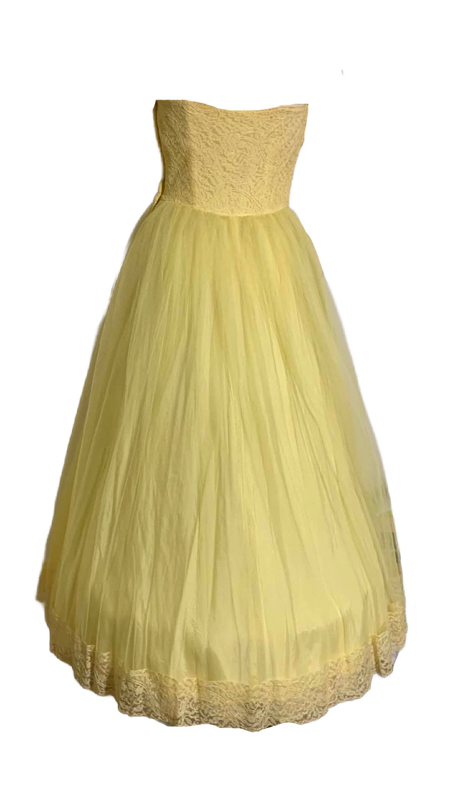 Lemon Chiffon Yellow Strapless Lace and Tulle Party Dress circa 1960s
