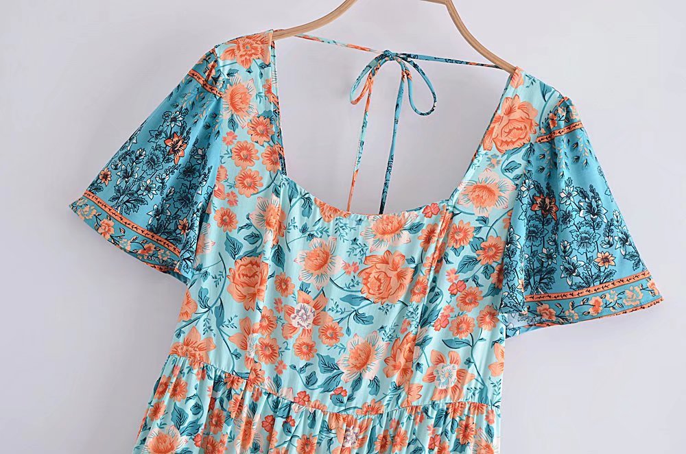 Happy Orange Floral Print Tiered Skirt Dress