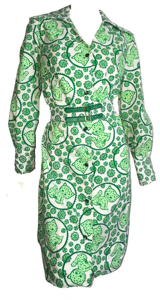 Lime Green Kitty Cat Novelty Print Shirt Dress with Belt circa 1960s