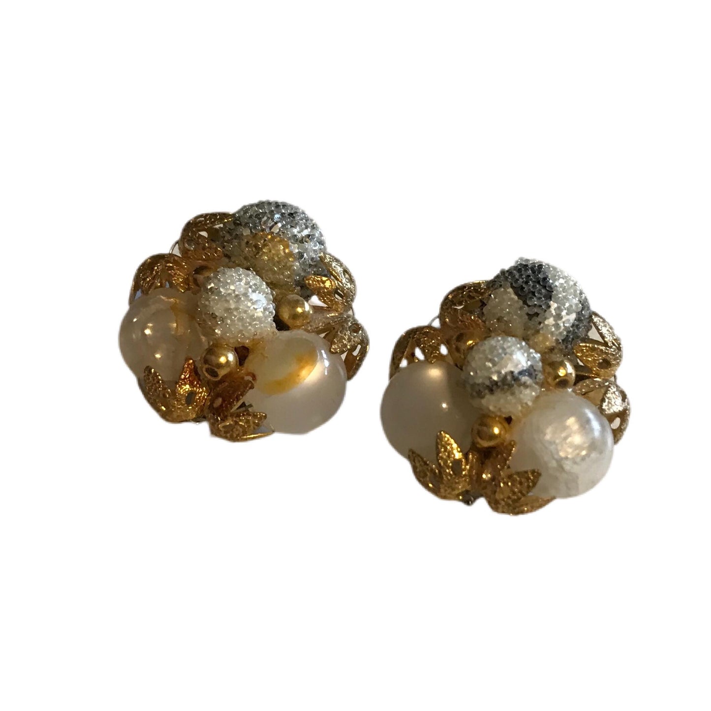 Shimmering Champagne and White Bead Cluster Clip Earrings circa 1960s