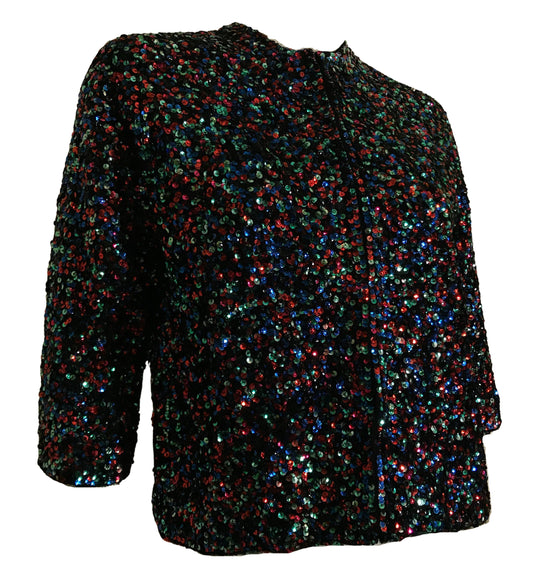 Fireworks! Glittering Red, Blue and Green Sequined Black Sweater circa 1960s